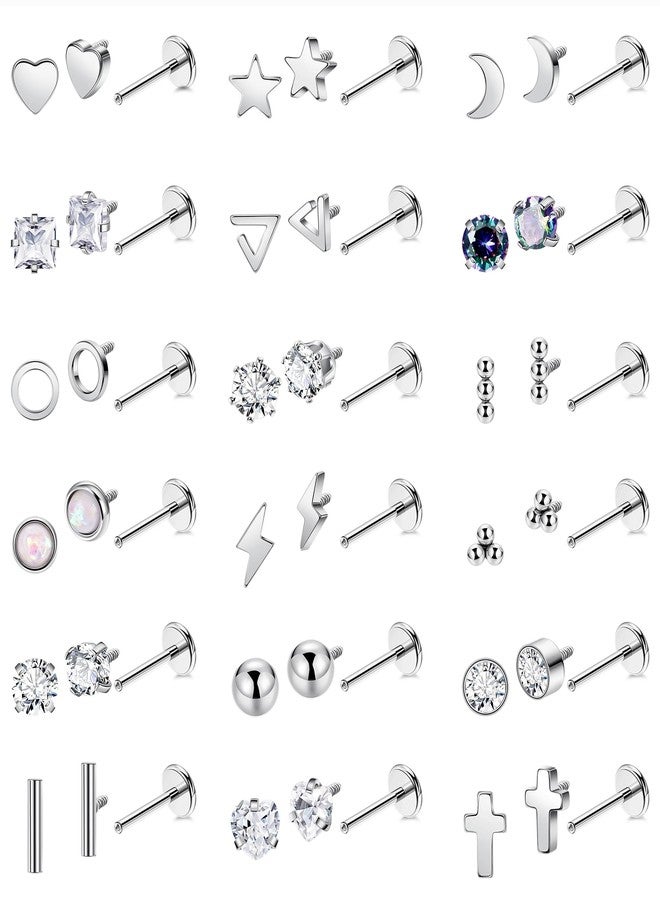 Vegolita مجموعة أقراط فيجوليتا 18 زوجًا من التيتانيوم والفولاذ المقاوم للصدأ عيار 18، مناسبة للنساء والرجال، مضادة للحساسية، ذات ظهر مسطح، تُثبّت على الغضروف، مرصعة بالزركونيا المكعبة على شكل هلال ونجمة وقلب وكرة، مقاسات 6 مم و8 مم وS/6 مم - Image 1